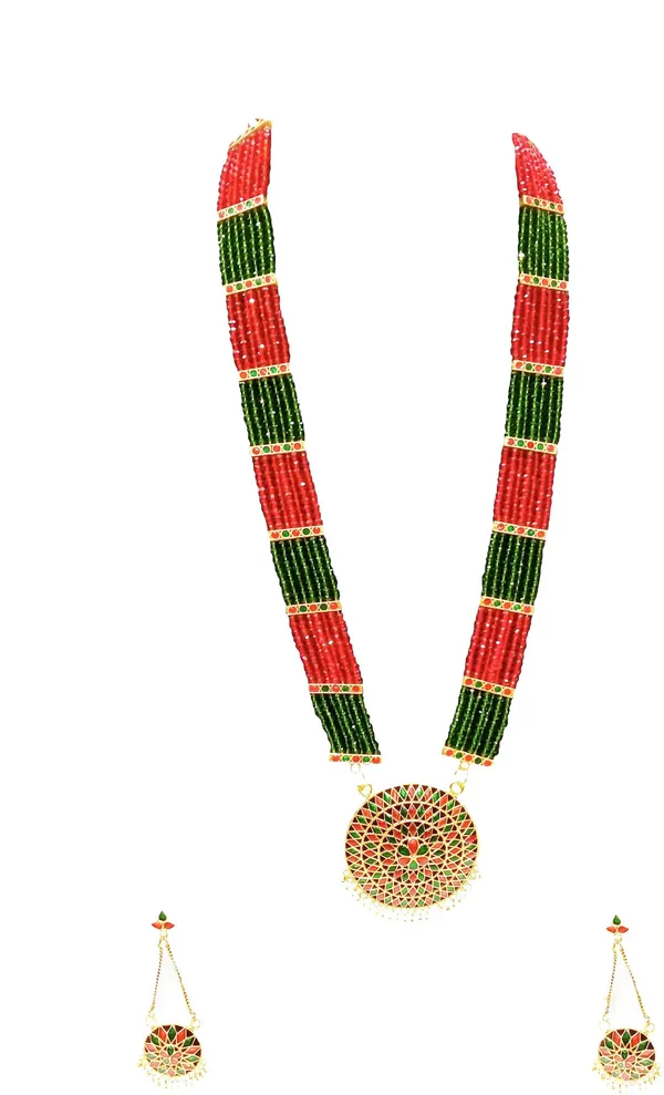 Assamese_Traditional_Gold_Plated_Red_Green_Colour_Japi_Tassel_Jewellery_Set_For_Women